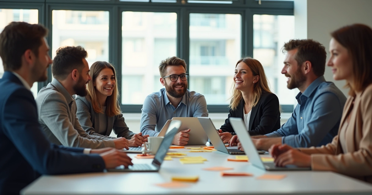 Equipo de trabajo dialogando con expresiones diversas 