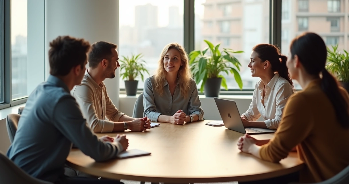 Equipo diverso en reunión mostrando escucha activa y empatía 