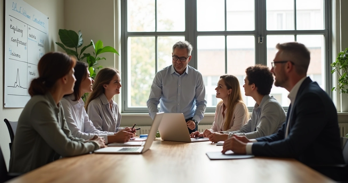 Equipo diverso de trabajo colaborando en una oficina luminosa y equilibrada 