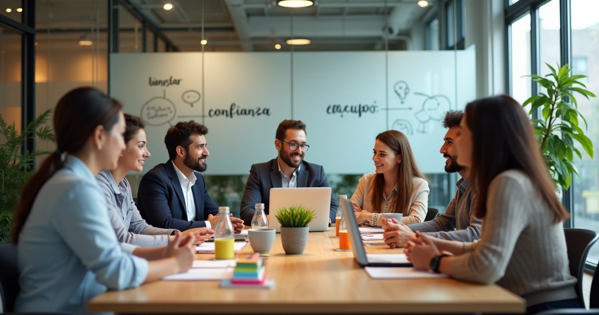 Equipo diverso en oficina moderna mostrando un entorno laboral emocionalmente sano 
