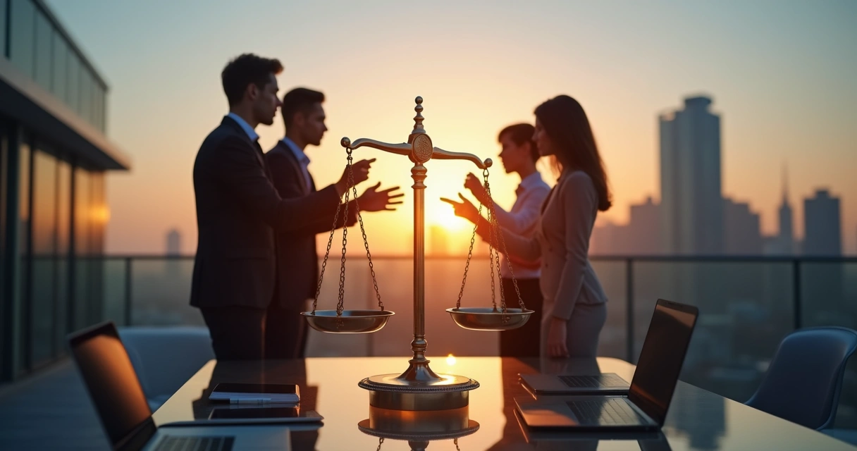Equipo de trabajo sosteniendo una gran balanza luminosa en una terraza de oficina 