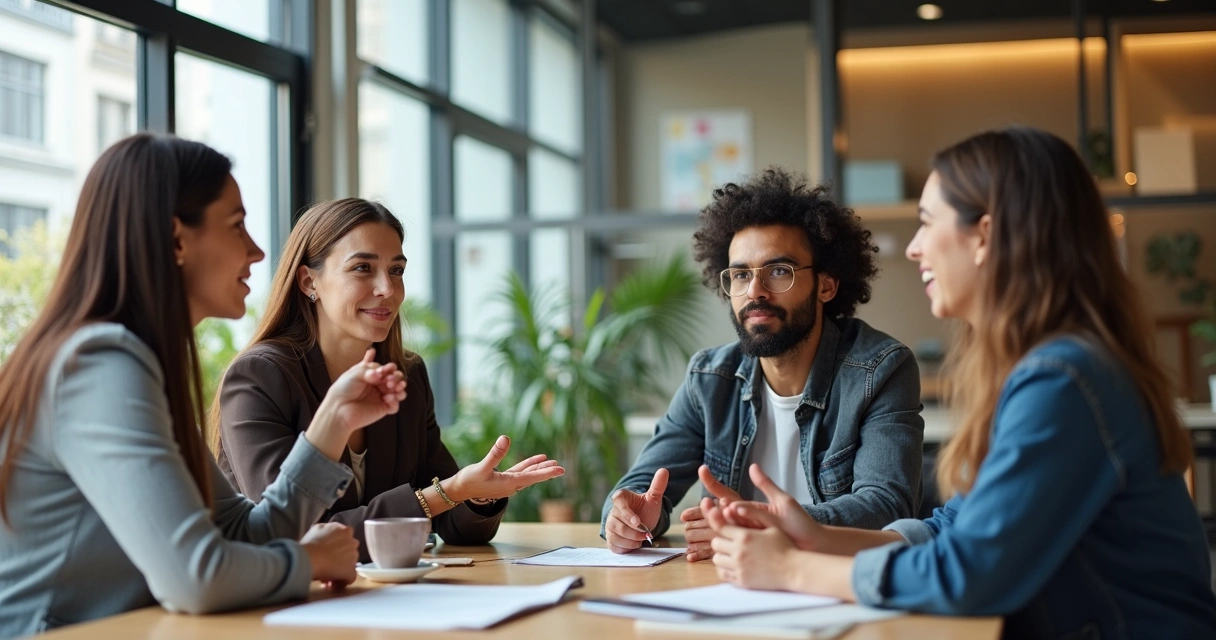 Grupo de trabajo en una sala reunidos practicando escucha activa y generativa