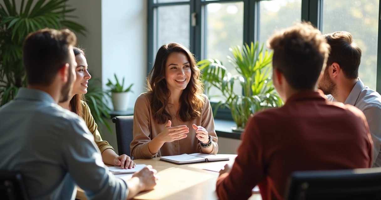Equipo de trabajo sentado en círculo en una oficina moderna, practicando la escucha activa durante una reunión