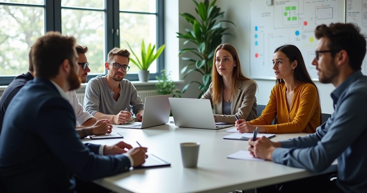 Equipo de oficina escuchando activamente en una reunión grupal 