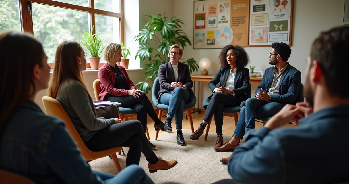 Equipo de trabajo sentado en círculo escuchándose atentamente 