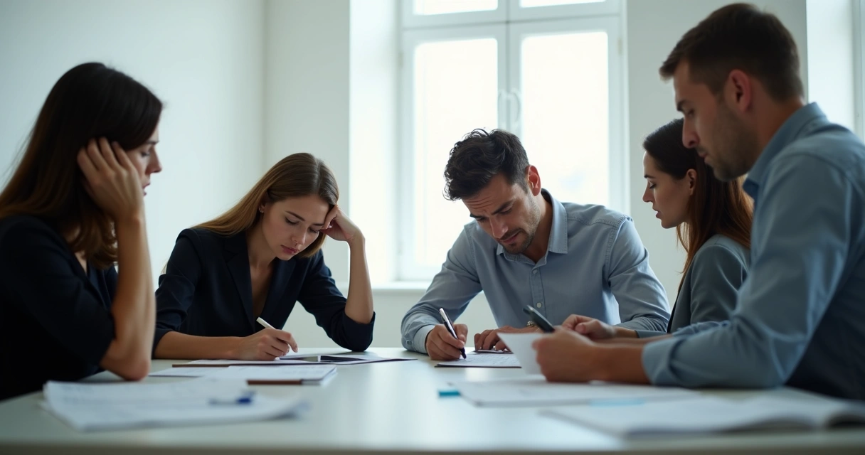 Personas en una oficina con expresión de estrés y tensión.