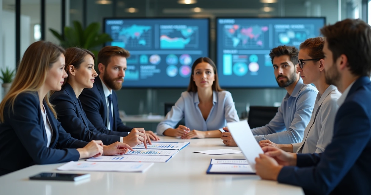Equipo de trabajo en una oficina moderna con diferentes personas conversando y revisando documentos 