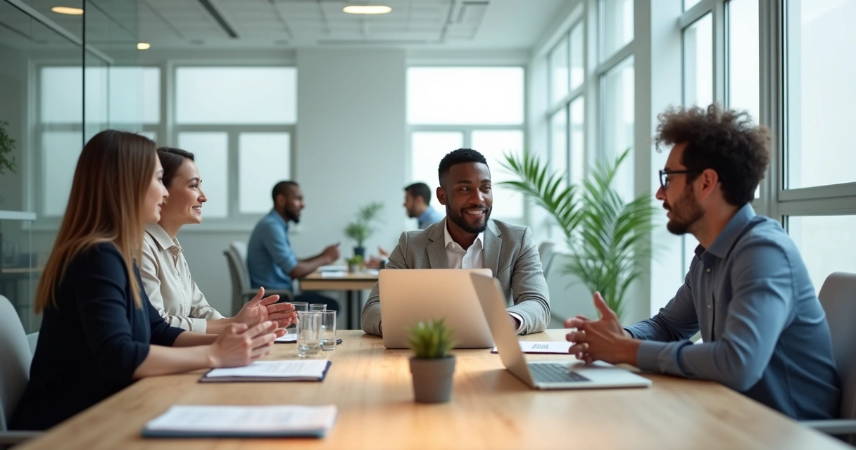 Equipo diverso en reunión colaborativa mostrando ética y confianza en el trabajo 