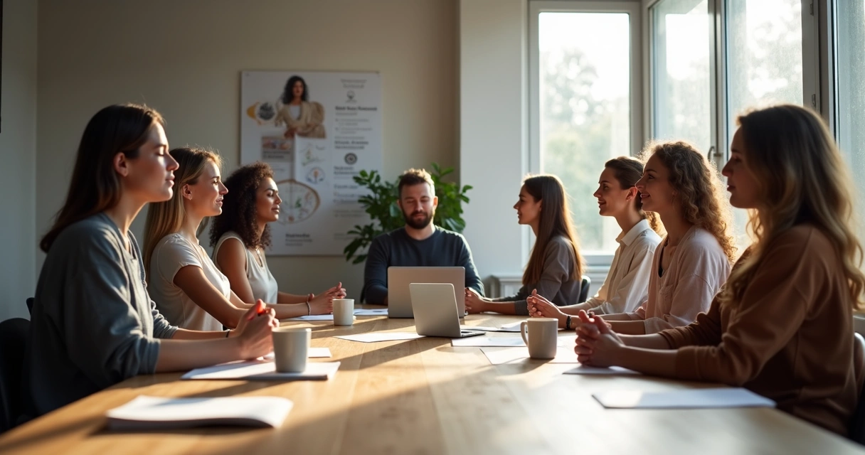 Equipo de trabajo alrededor de una mesa integrando ética, conciencia y meditación