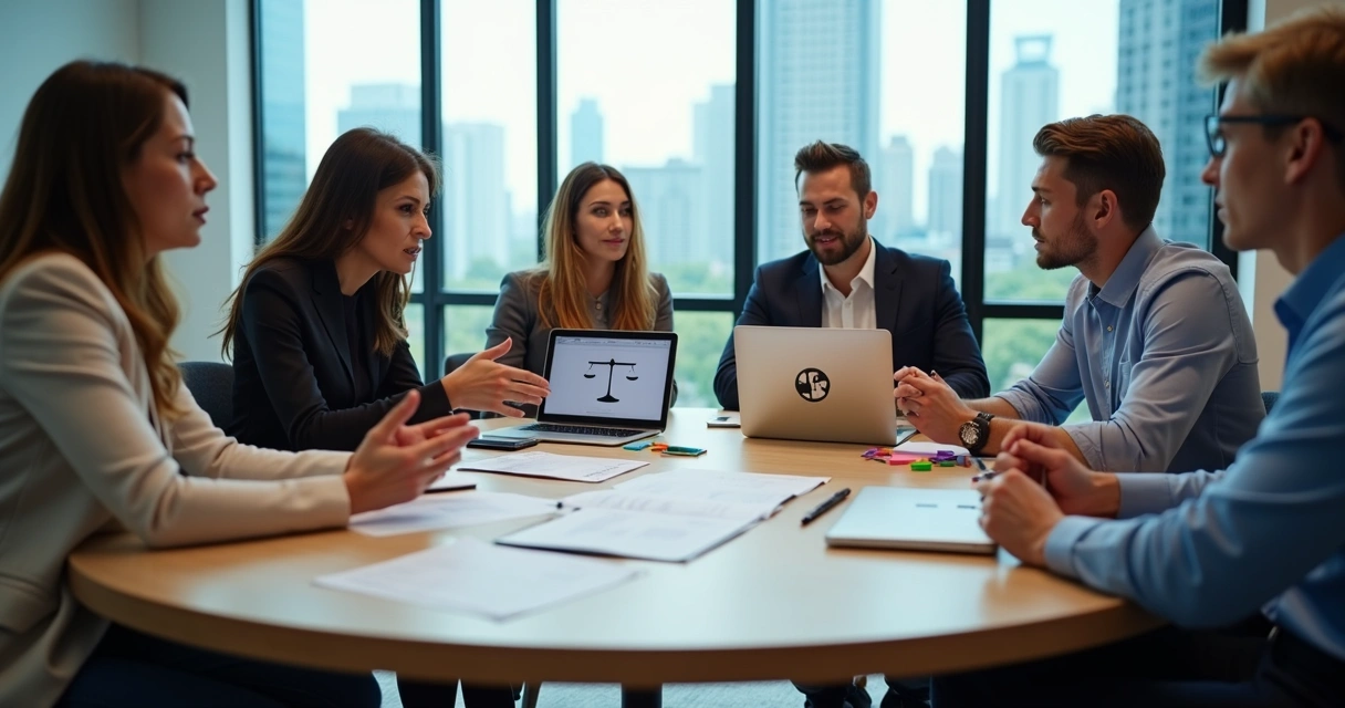 Equipo de trabajo diverso reunido en mesa redonda colaborando con actitud ética 