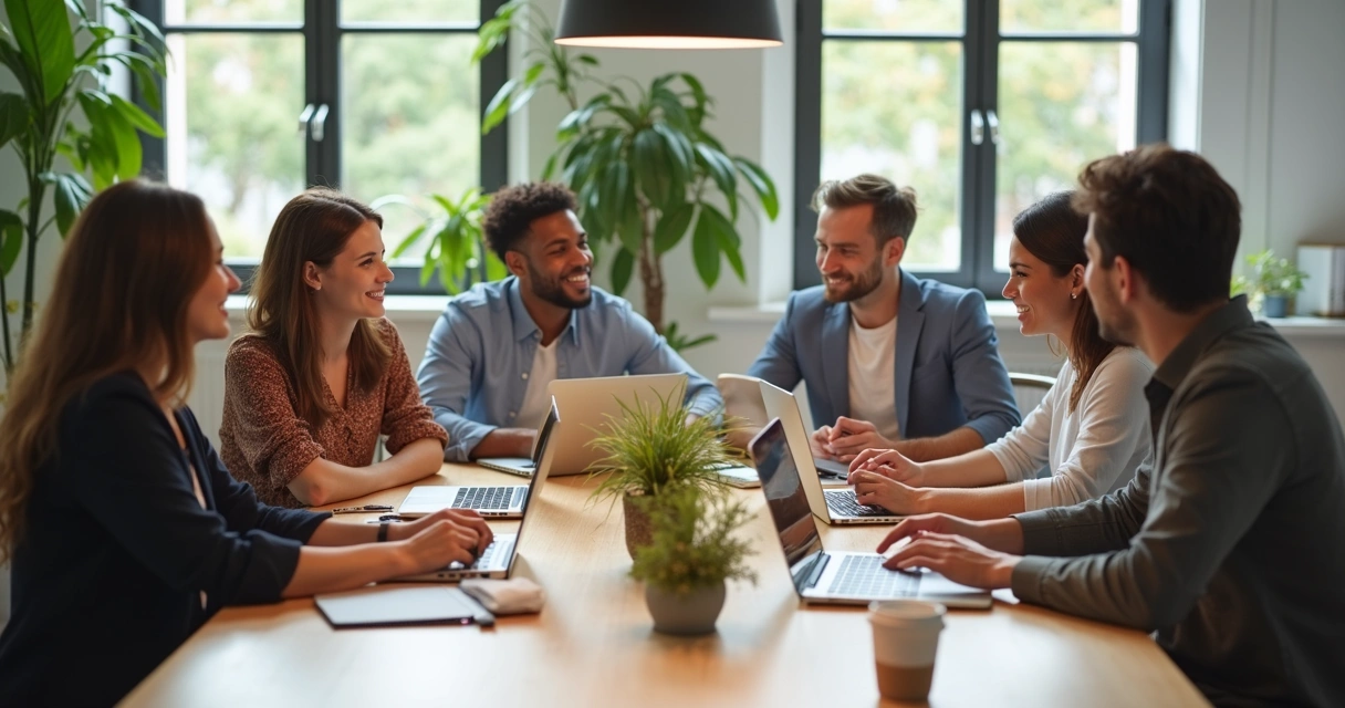 Equipo de trabajo colaborando alrededor de una mesa con actitud positiva 