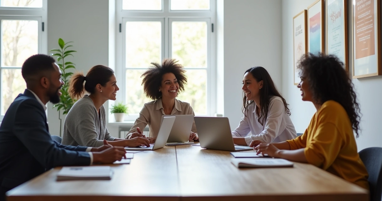 Equipo de trabajo reunido sonriente compartiendo ideas en una sala luminosa 