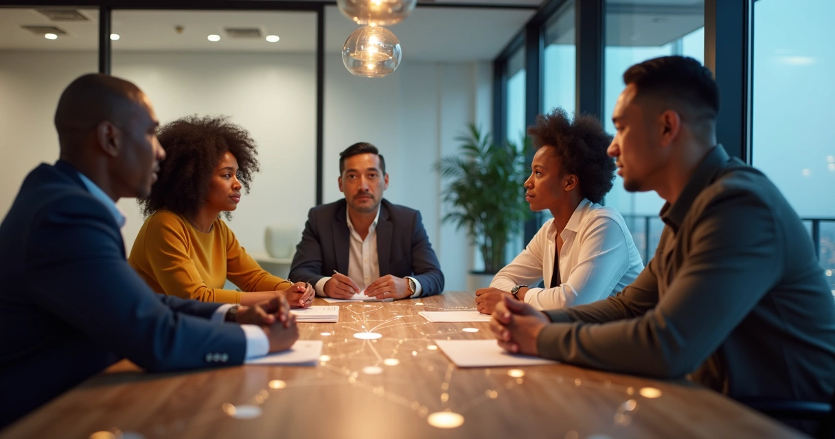 Grupo de personas trabajando y conectadas por líneas sutiles 