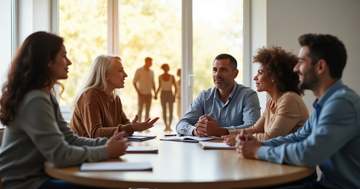 Equipo de trabajo reunido en círculo con siluetas de una familia superpuestas al fondo 