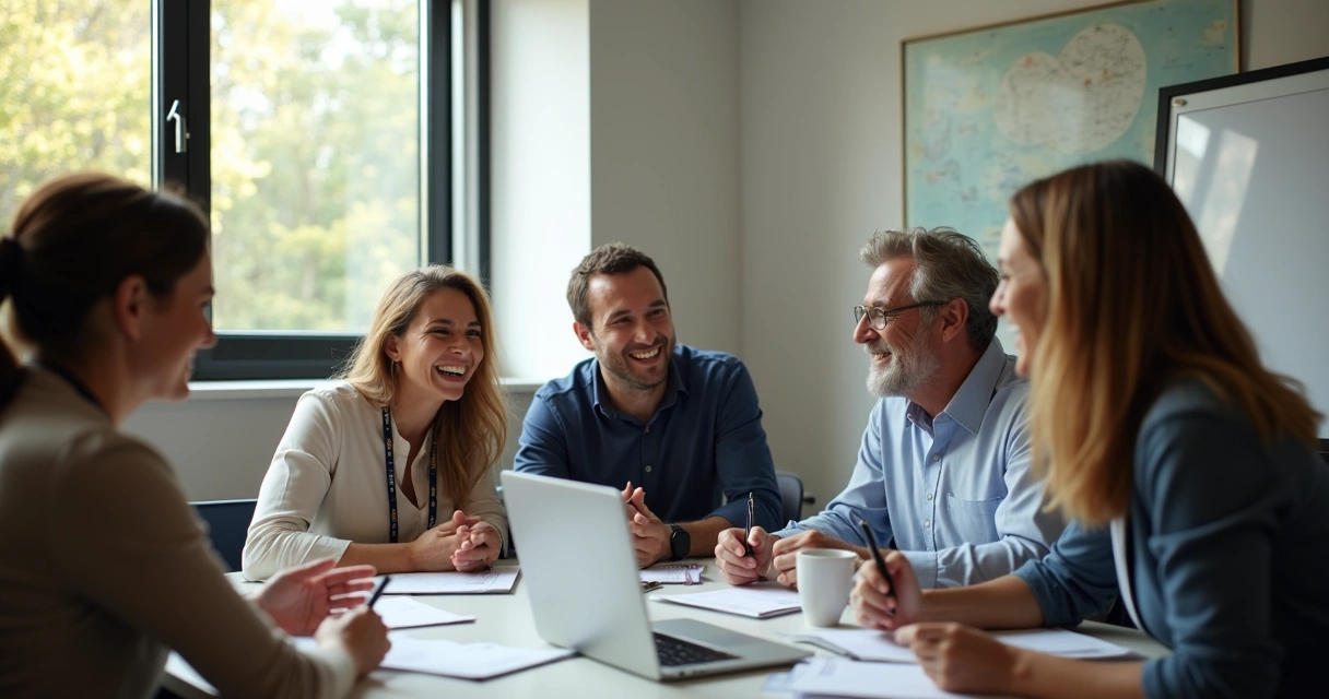 Equipo de oficina sonriendo mientras colaboran en una mesa redonda.