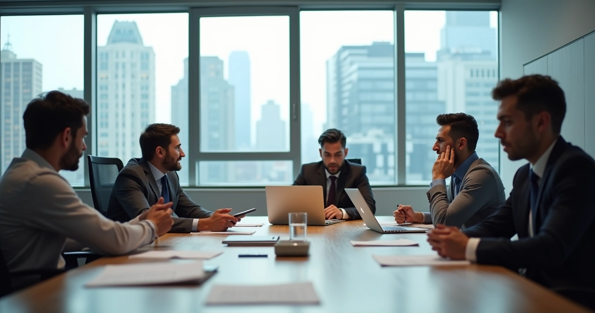 Equipo de trabajo en oficina moderna mostrando tensión e inmadurez emocional durante una reunión 
