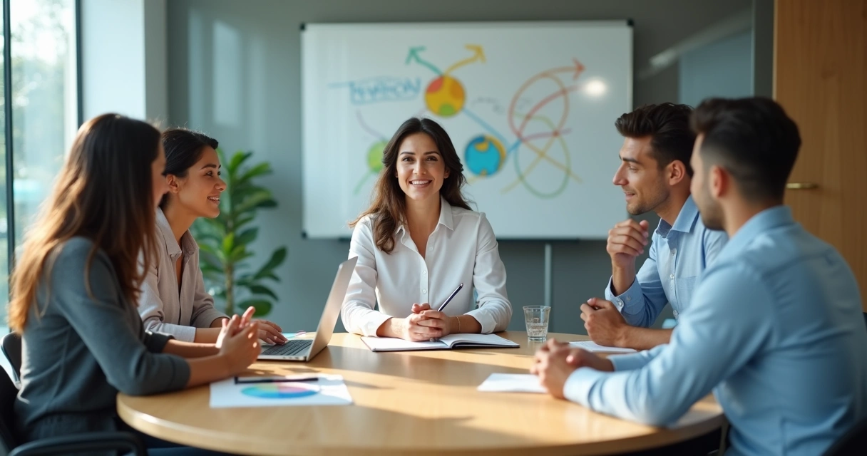 Equipo diverso en reunión de trabajo con enfoque en integración emocional 