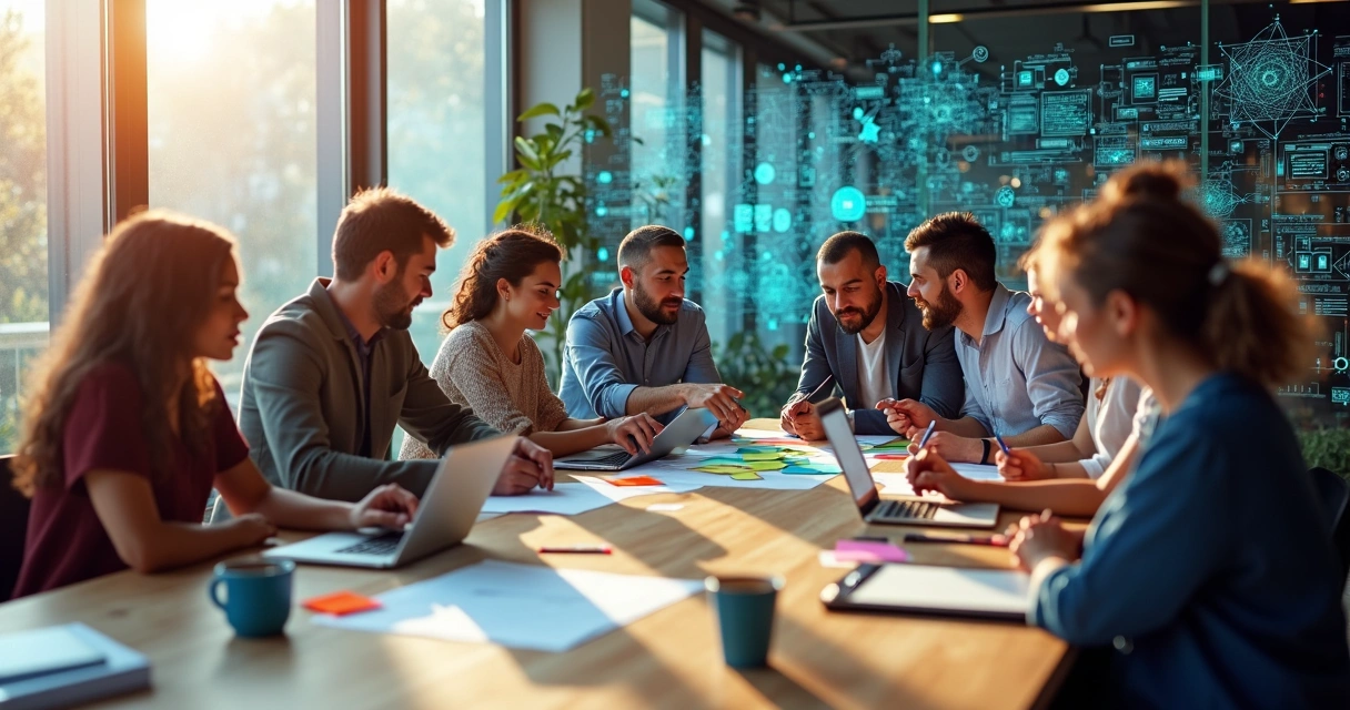 Equipo de trabajo colaborando alrededor de una mesa con visualizaciones de datos y conexiones digitales 