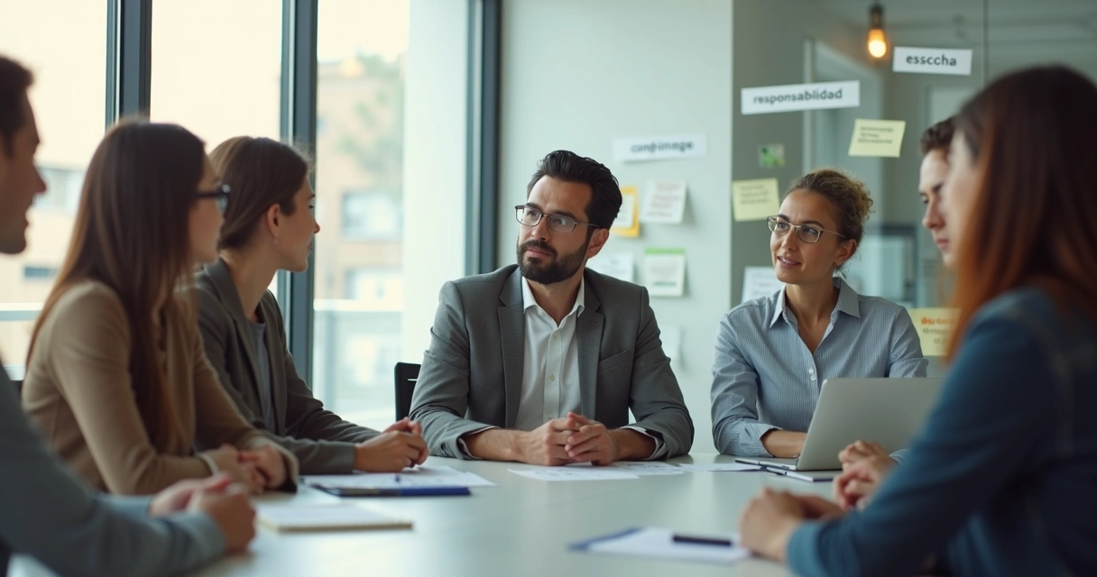 Equipo diverso de trabajo mostrando madurez emocional en una reunión de oficina moderna 