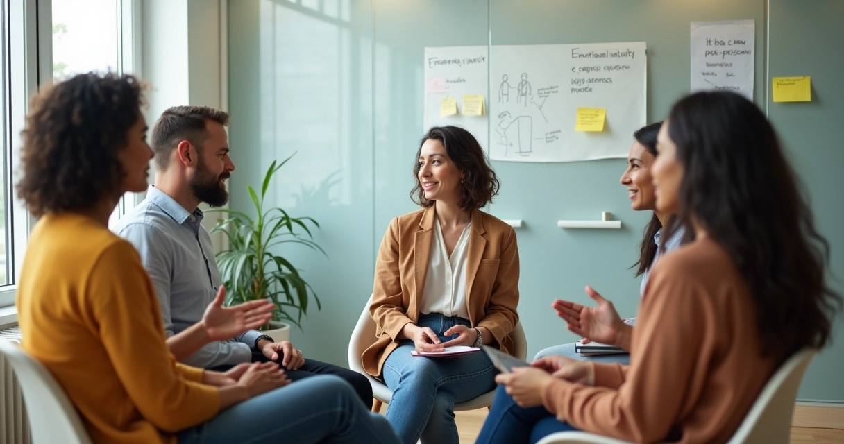 Equipo de trabajo diverso reunido en círculo dialogando con calma en una sala de oficina luminosa 