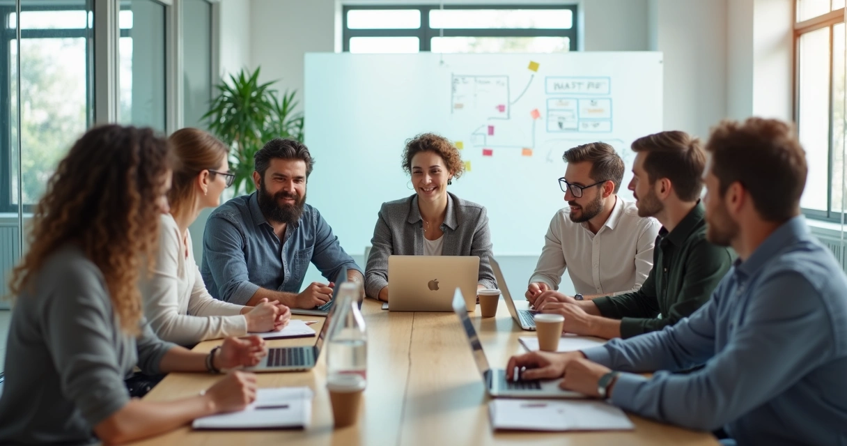 Equipo de trabajo diverso en reunión mostrando calma y conexión emocional 