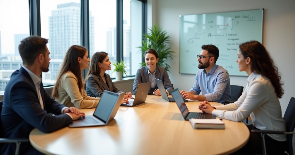 Reunión de trabajo diversa mostrando comunicación madura y serena 