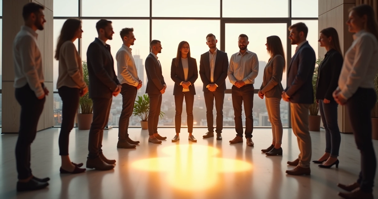 Equipo de trabajo en círculo con luz cálida simbolizando madurez y valor humano 