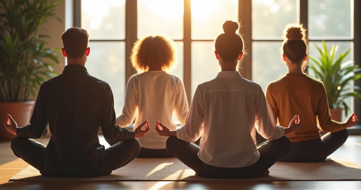 Equipo de trabajo meditando junto a una ventana con luz natural 