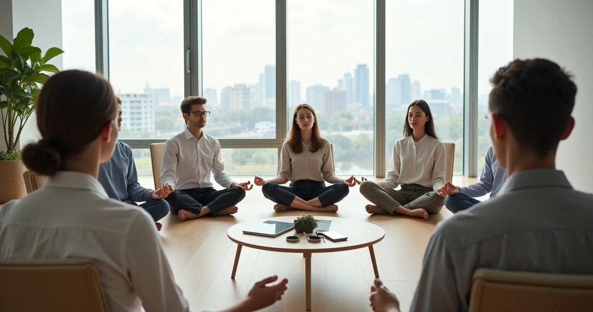 Equipo de trabajo sentado en círculo practicando silencio consciente en una sala de oficina luminosa 