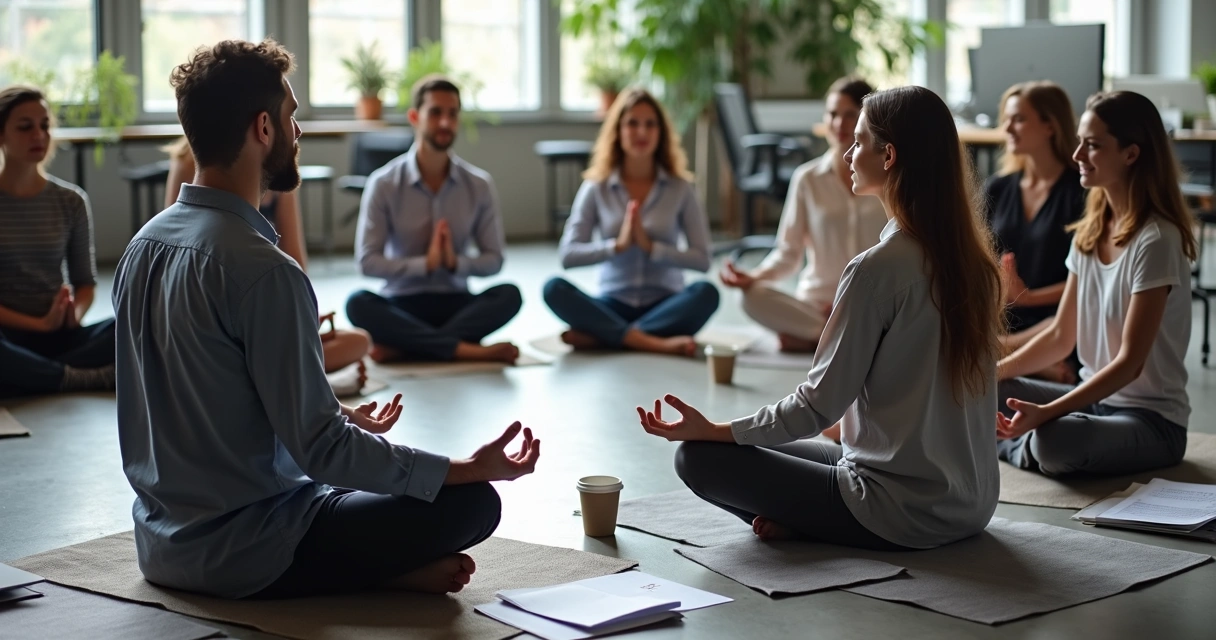 Equipo de trabajo sentado meditando en círculo 