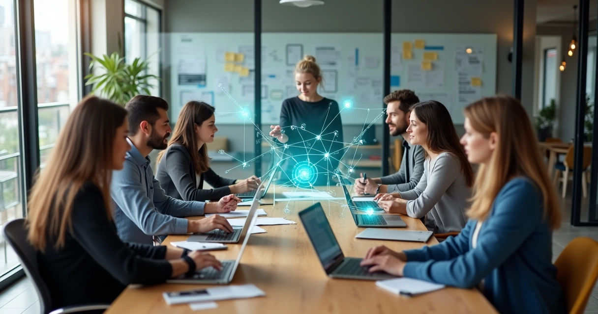 Equipo de trabajo moderno conectando ideas en una mesa con red luminosa compartida 