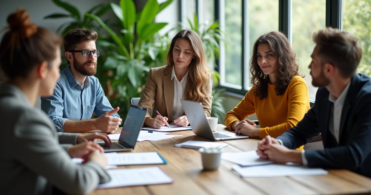 Equipo multicultural reunido alrededor de una mesa de trabajo 