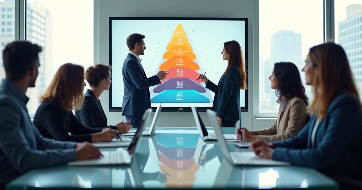 Equipo de trabajo observando gráficos de siete niveles de desarrollo en una sala moderna 