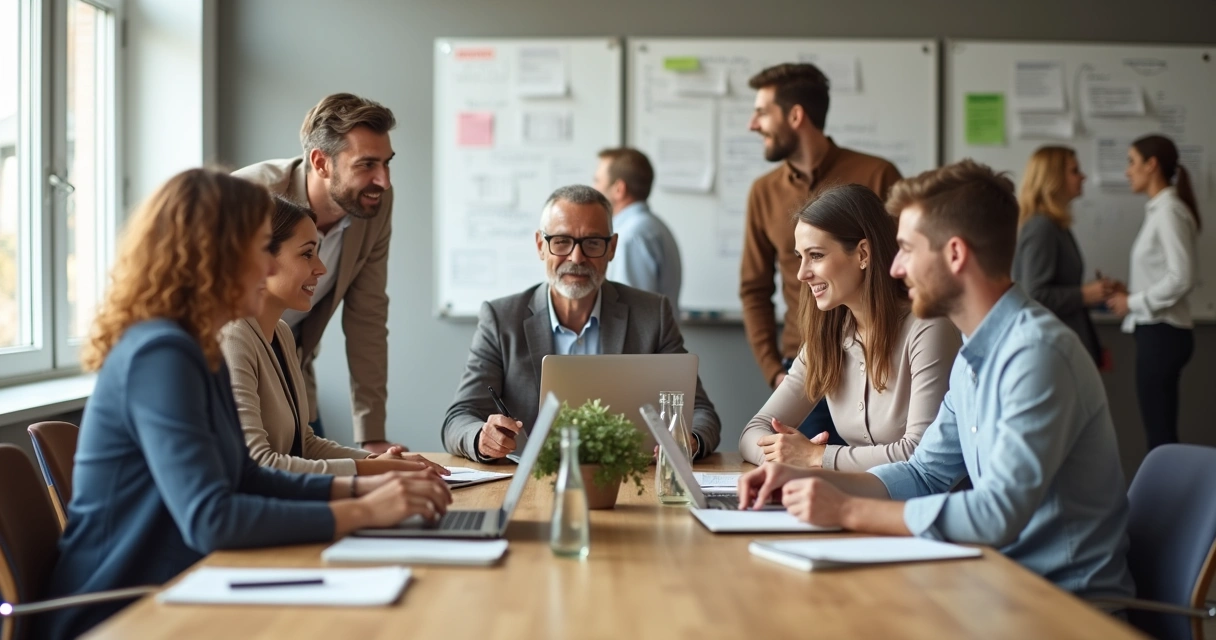 Equipo de trabajo diverso conversando de forma cordial en una oficina luminosa 