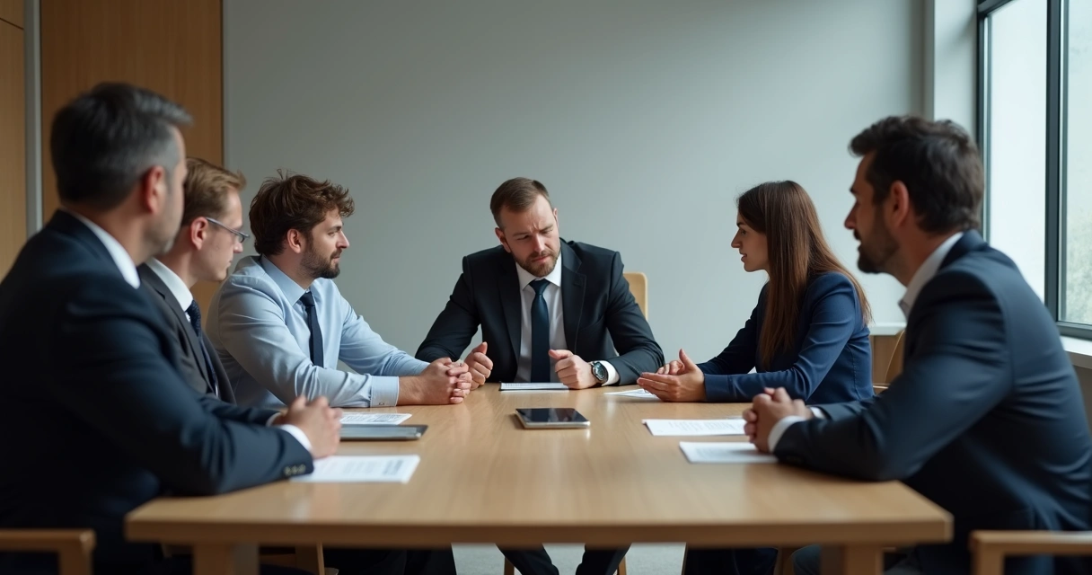 Grupo de personas en oficina mostrando distintos gestos y posturas que reflejan tensión e incomodidad 