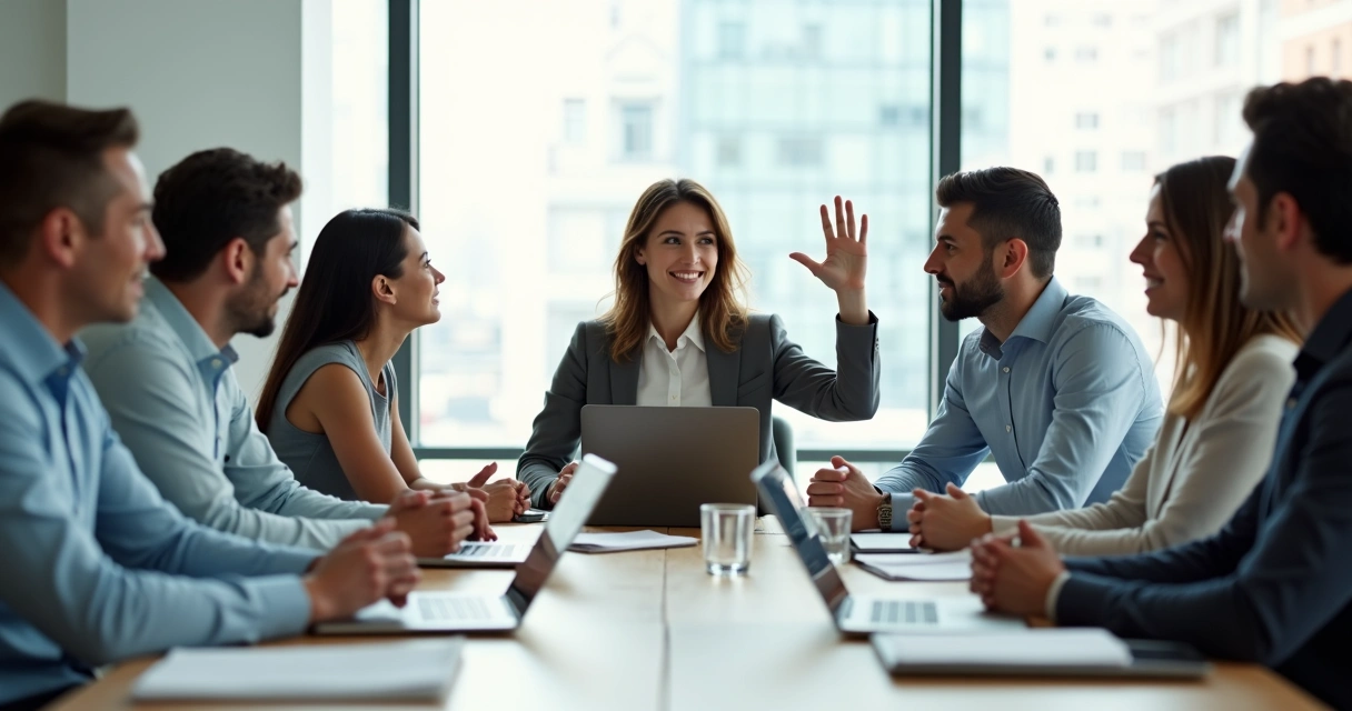 Equipo de trabajo en una reunión estableciendo límites saludables 