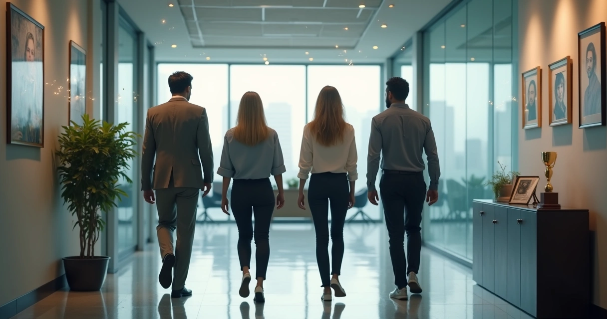 Equipo de trabajo en oficina moderna conectado por hilos de luz sutiles 