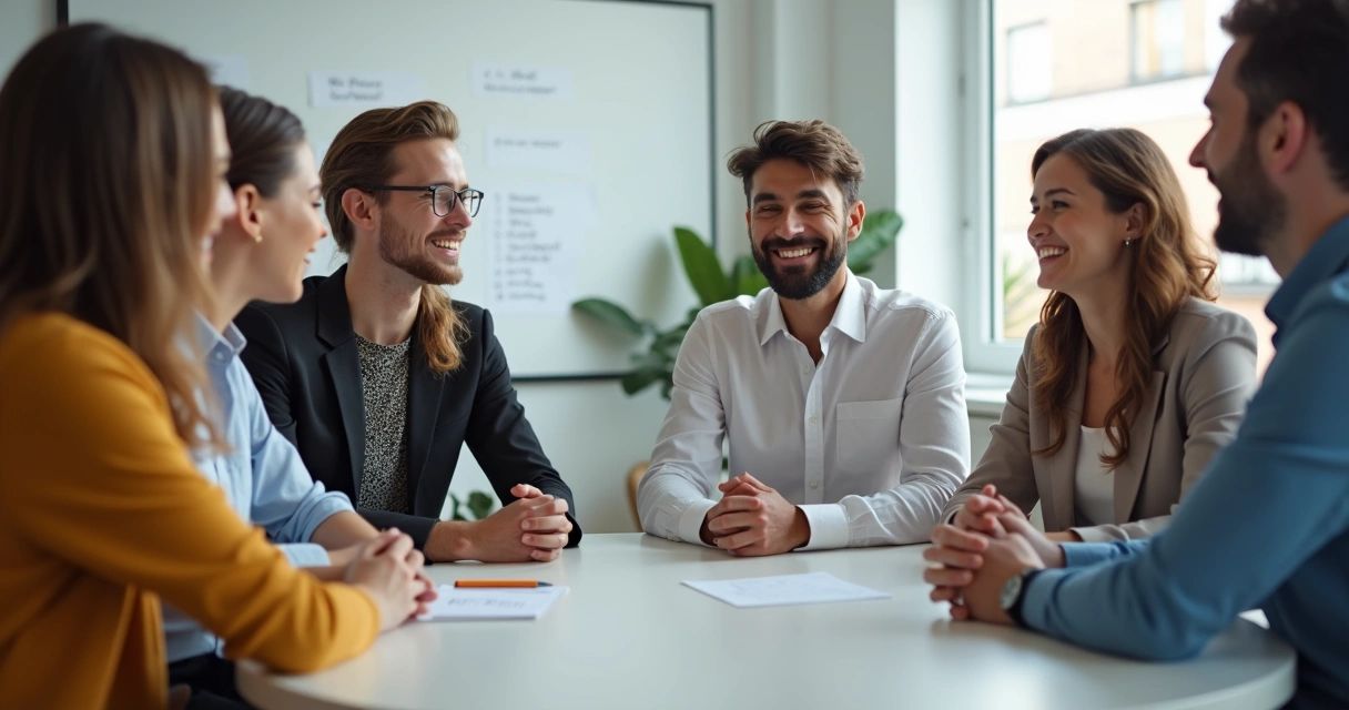 Equipo de trabajo reflexionando juntos en una oficina luminosa 