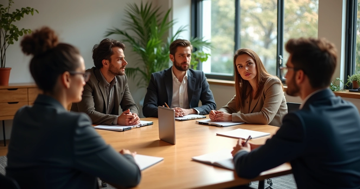 Equipo de trabajo reflexionando juntos en sala de reuniones