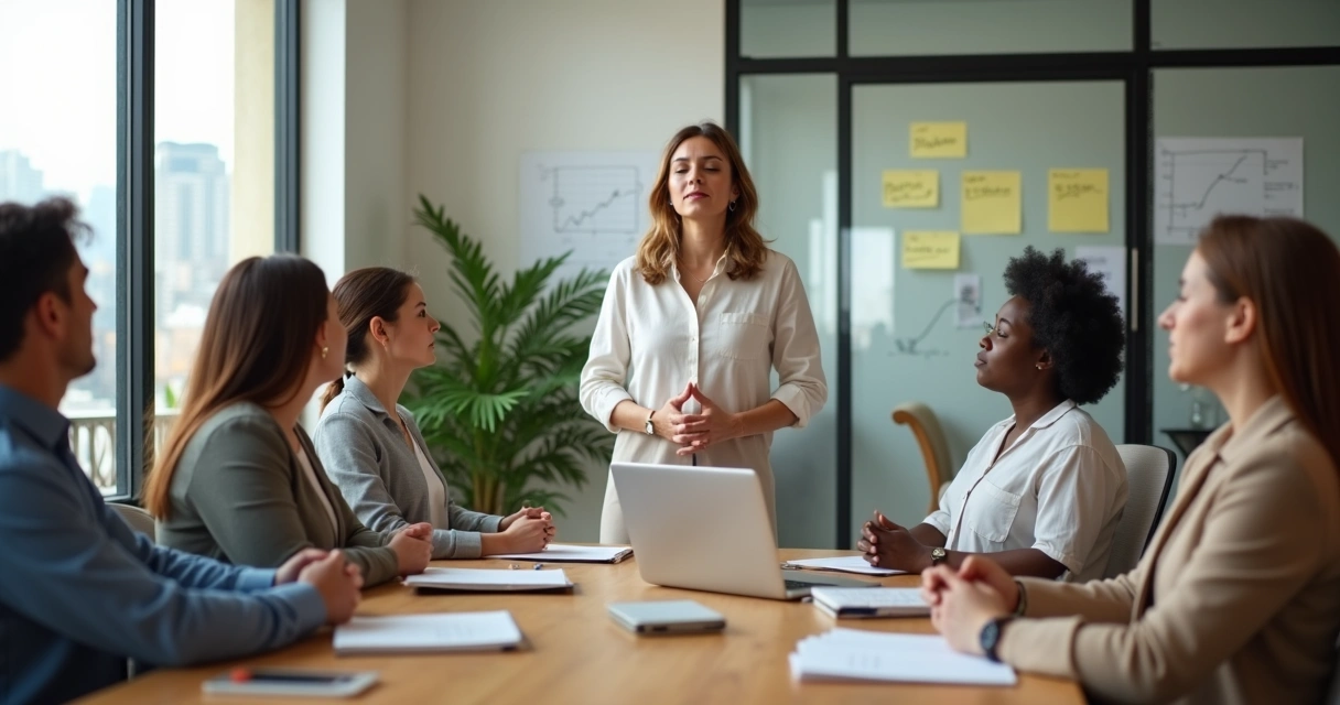 Equipo diverso en oficina moderna practicando regulación emocional juntos 