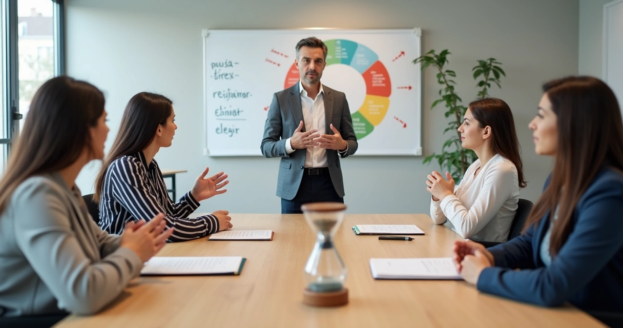 Equipo de trabajo en reunión practicando regulación emocional 
