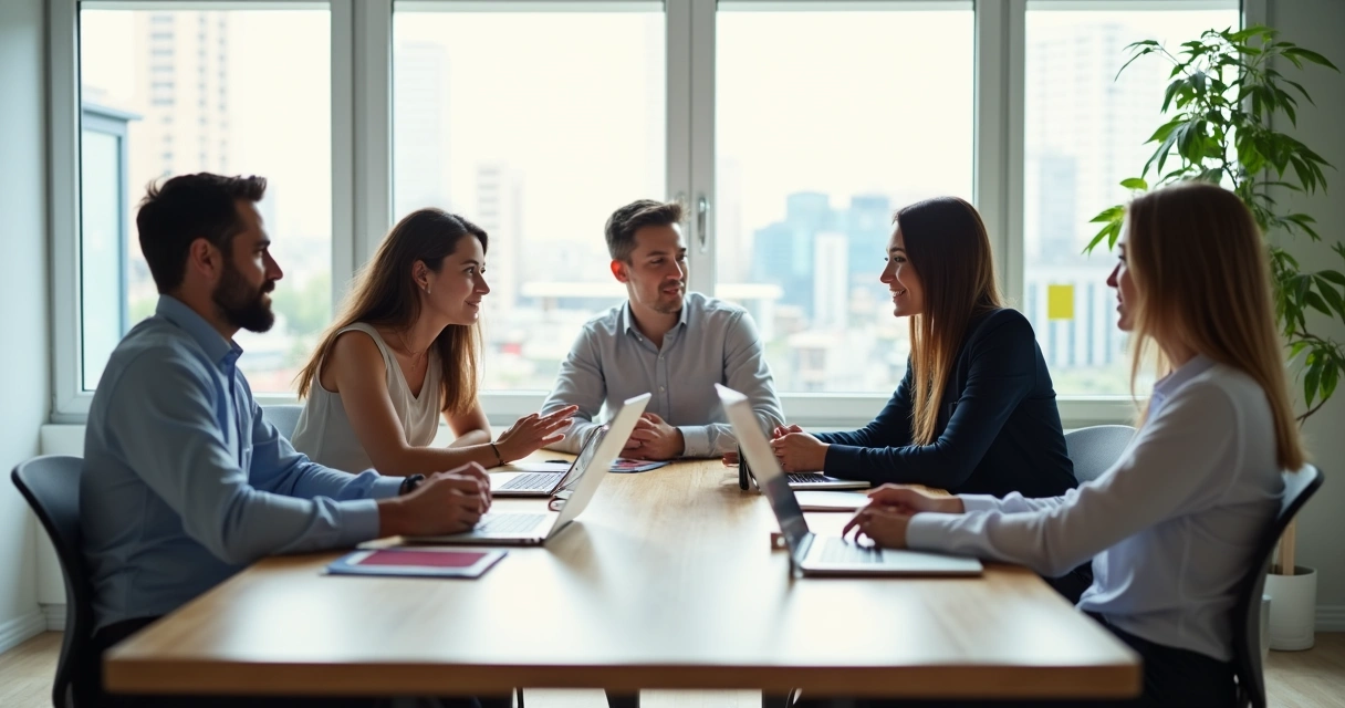Personas dialogando de forma serena y colaborativa en una sala de reuniones moderna 