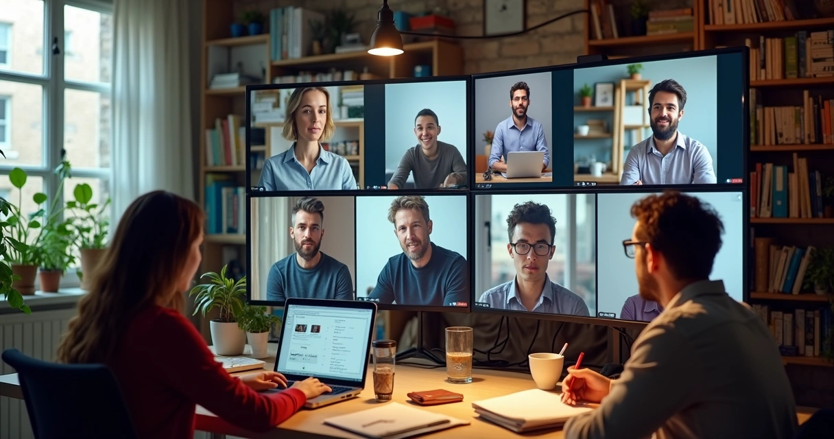 Personas colaborando en videollamada desde distintos escritorios 