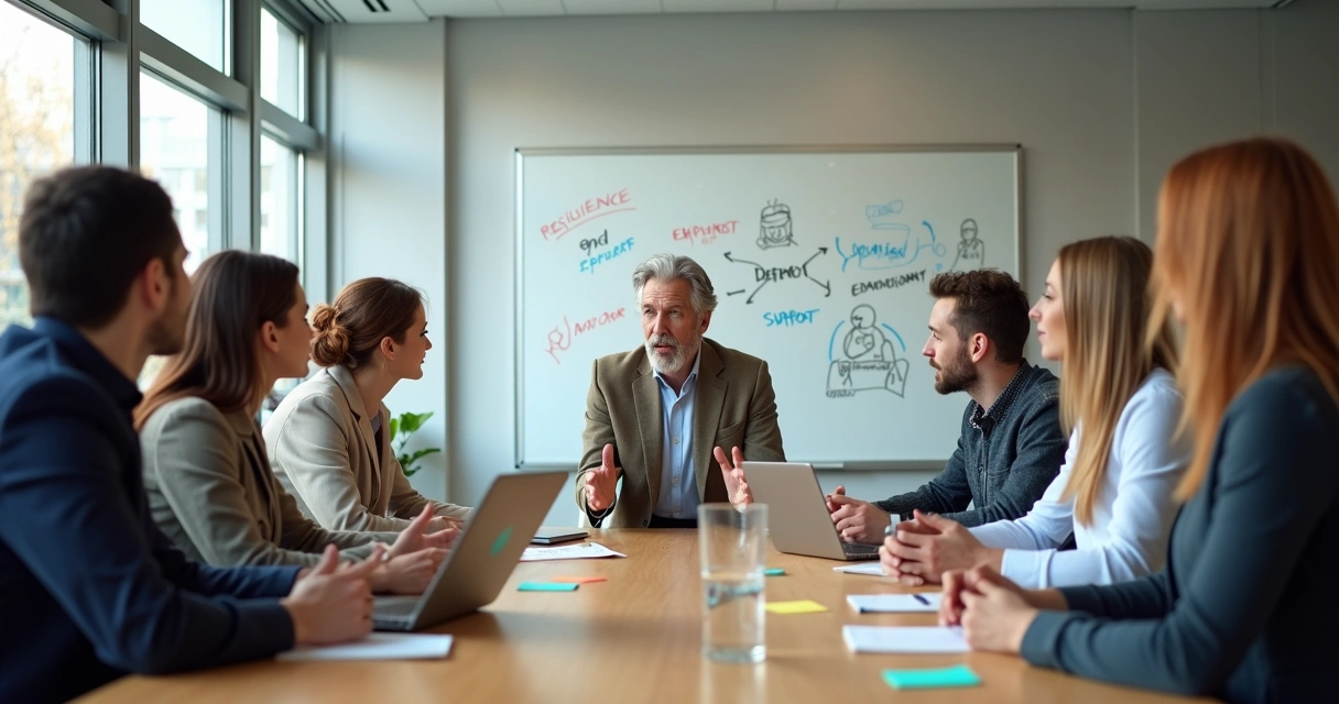 Equipo de trabajo diverso en reunión colaborativa mostrando resiliencia emocional 