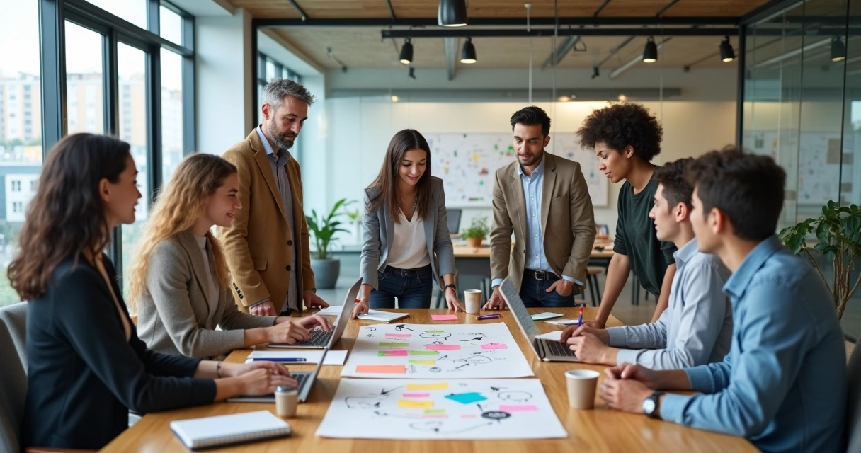 Equipo diverso de trabajo colaborando en una oficina luminosa 