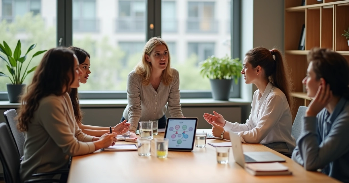 Equipo diverso en reunión calmada resolviendo un conflicto en la oficina 