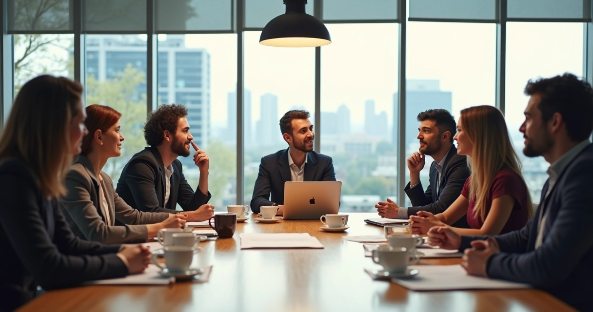 Personas en una reunión de trabajo conversando
