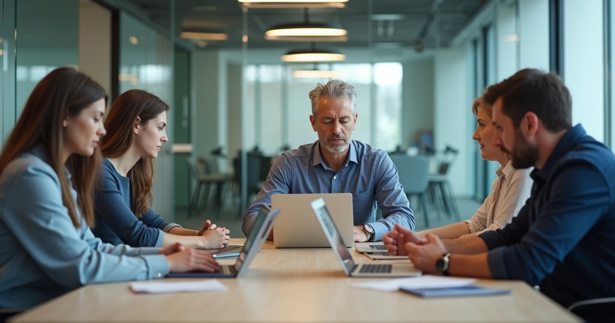 Reunión de equipo en oficina moderna, uno de ellos con gesto cansado 