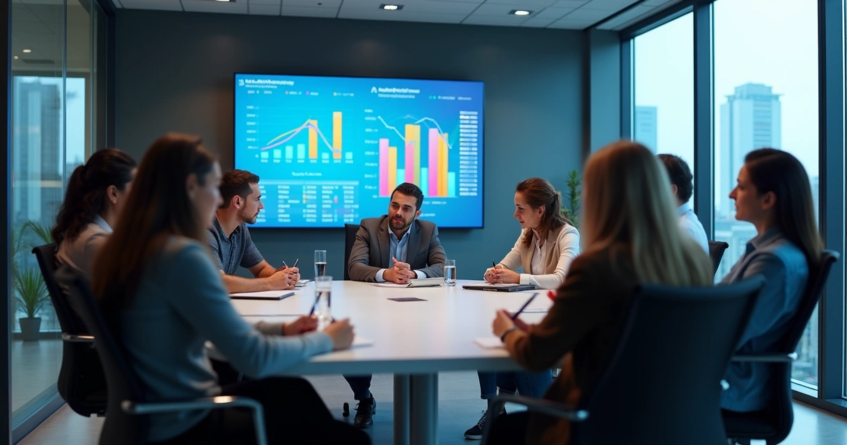 Equipo reunido en sala de juntas analizando gráficas en pantalla 