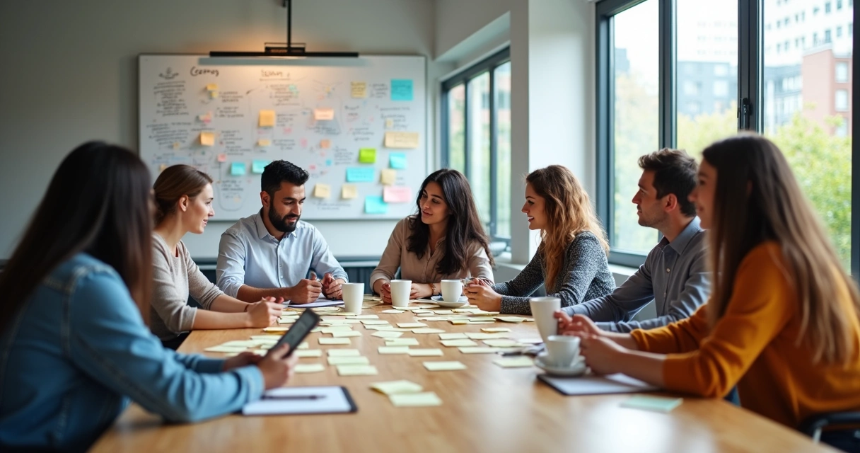 Personas compartiendo ideas alrededor de una mesa en una sala luminosa